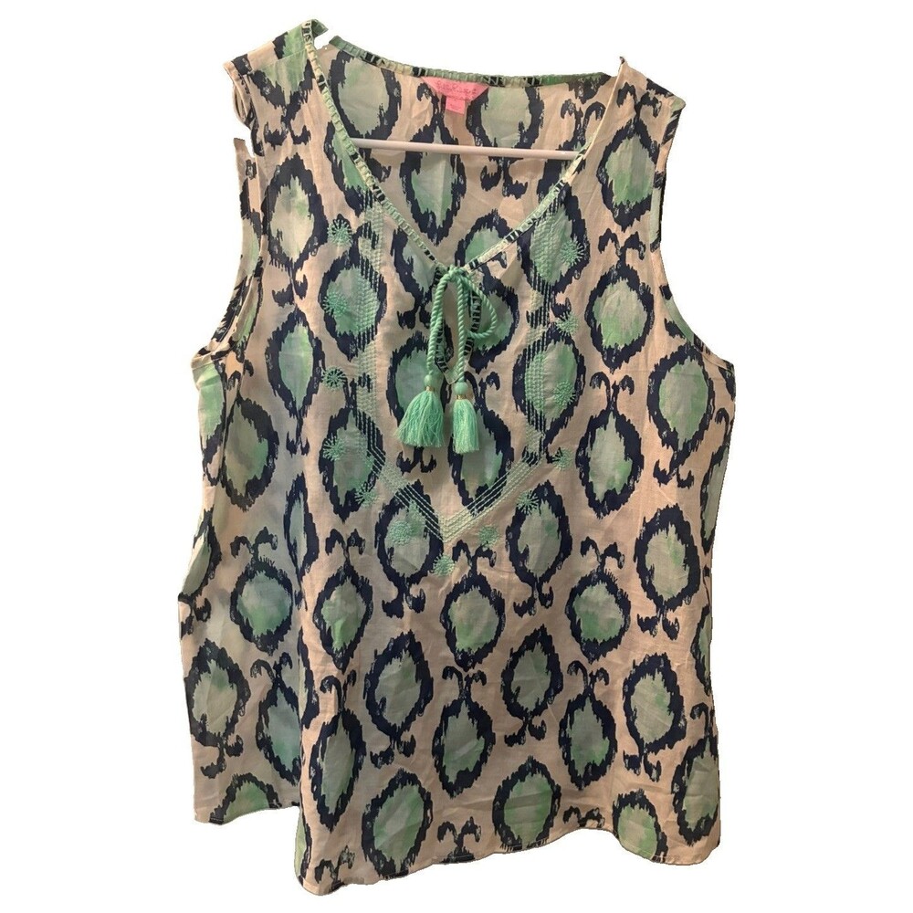 Lilly Pulitzer Elsa Tunic Top Large Blue Mint Ikat Print Sleeveless